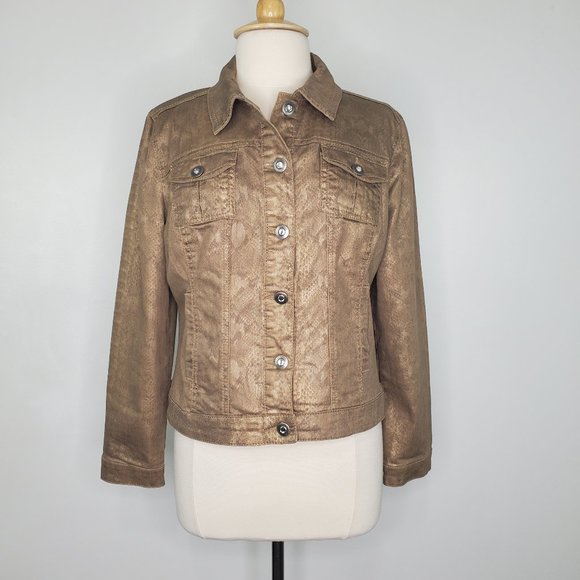 Dressbarn Brown Gold Snakeskin Print Stretchy Bling Buttons Jean Style Jacket M - Picture 2 of 15